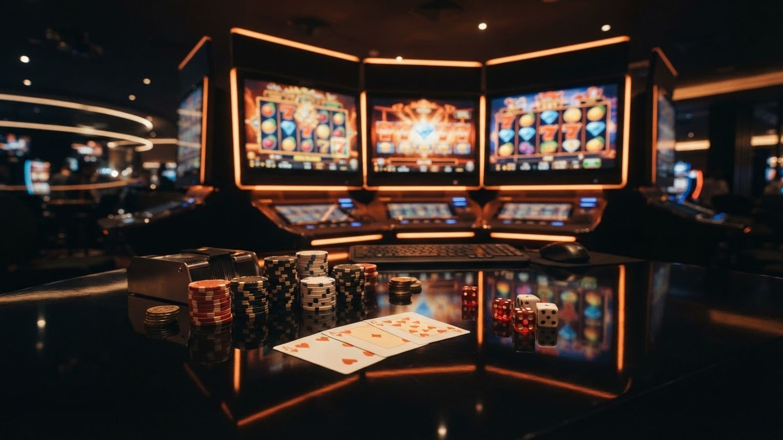 Overzicht van online casino met slots en chips